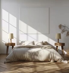 Frame Mockup in a Minimalist Simple Bedroom Interior. Presented in 3D Render. Made with Generative AI Technology