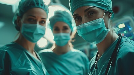 Doctor and nurse working together in a hospital surgeons operating setting, - obrazy, fototapety, plakaty