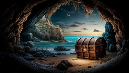 Fototapeta premium Wooden barrel on the beach in the cave.