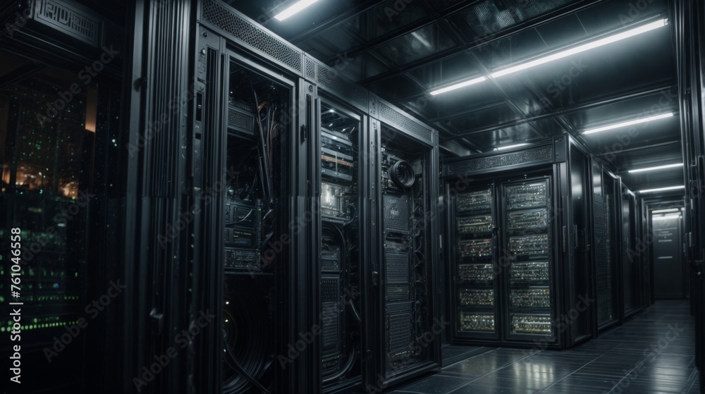 Poster server room data center with racks and rows of server racks for digital data storage