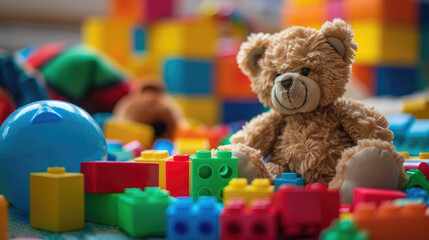 Colorful toy blocks scattered across a table with a teddy bear and a ball