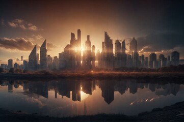 Fototapeta na wymiar cityscape and skyline of modern city at sunset with reflection in water