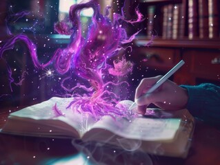 3D illustration A person writing in a journal, and the words transform into fantastical creatures. - obrazy, fototapety, plakaty