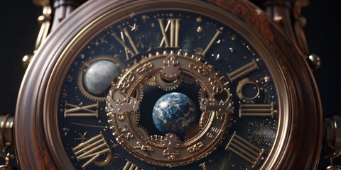 Obraz premium 3D model A grandfather clock with gears shaped like planets and constellations.