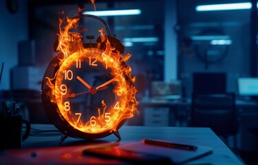 A clock face with flames instead of hands set in a dark moody office symbolizing the heat of a critical deadline