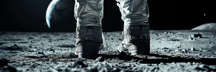 A close up of moonwalking astronaut boots with a detailed view of the moons surface and a faint Earthrise in the distance - obrazy, fototapety, plakaty