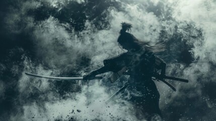 A samurai shrouded in black mist locked in an intense battle sword gleaming with intent - obrazy, fototapety, plakaty