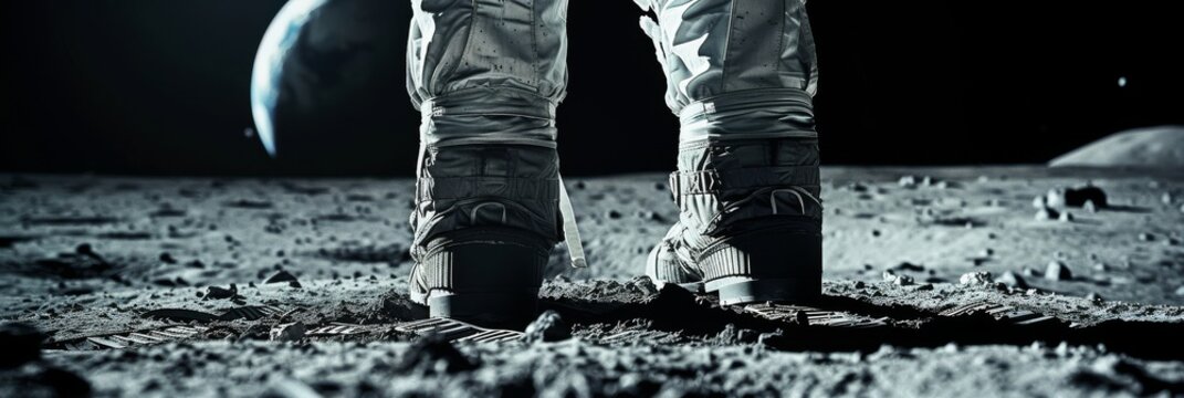 A close up of moonwalking astronaut boots with a detailed view of the moons surface and a faint Earthrise in the distance