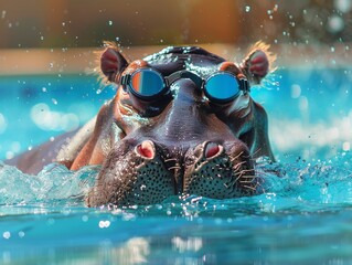 A hippo swimming laps in a pool, with goggles and a swim cap, in a competitive race