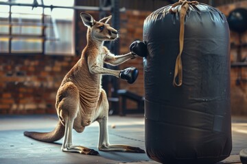 A kangaroo wearing boxing gloves, hopping around a ring, punching a heavy bag in a gym setting - obrazy, fototapety, plakaty