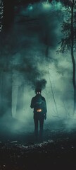 A shadowy figure holding a gift box, from which haunted smoke rises, in a dark forest with mist and eerie glowing eyes - obrazy, fototapety, plakaty
