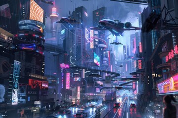 An artistic rendering of a futuristic cityscape with flying cars and neon lights