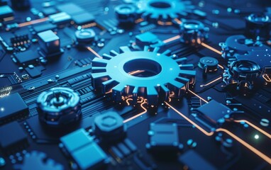 Blue gears digital transformation theme AI and big data focus Futuristic tech background