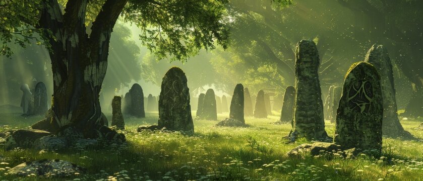 A mystical scene of a druids sacred grove filled with ancient standing stones