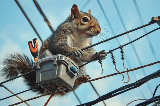 Amidst a network of power lines a robot squirrel with a toolbox performs high wire repairs a blend of agility and technical skill