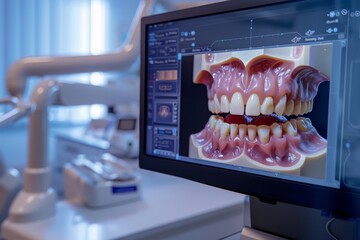 Cutting edge 3D dental imaging in a dental clinic showing a patients teeth and gums in high detail for diagnosis - obrazy, fototapety, plakaty