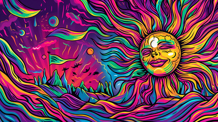 A psychedelic Sun. Generative AI - obrazy, fototapety, plakaty
