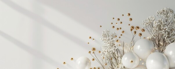 Editorial quality photo of a sleek paper board minimalist birthday with white and gold accents