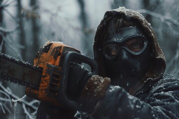 Close up of a masked man wielding a chainsaw eyes glaring with intent in a dimly lit foggy forest setting perfect for a thriller movie poster - obrazy, fototapety, plakaty