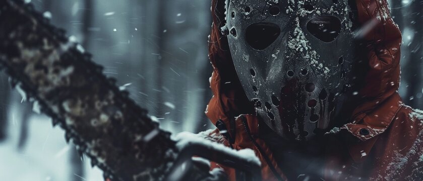 Dramatic close up of a masked man with a chainsaw in a cold snowy forest breath visible setting a chilling scene for a thriller movie poster