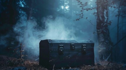 Spooky haunted Halloween mystery gift box, ancient wooden chest surrounded by mist, dim moonlight, eerie forest backdrop