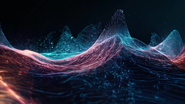 Bright and colorful waves resembling a digital mountain landscape. Slow motion of audio waves digitally rendered. Innovation and technology concepts