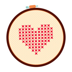 Cross heart hand embroidery. Embroidery hoop with red heart embroidery. Cartoon vector illustration of red heart decoration on cloth isolated on white background. © Mariia