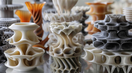 Zoomed in on a stack of 3D printed prototypes each made with a different material. The range of materials used in 3D printing enables designers to test and push the boundaries