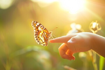 A colorful butterfly with orange and yellow wings rests on a person's hand in a summer garden - Powered by Adobe