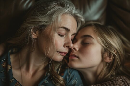 A loving lesbian couple shares a tender kiss in a glamorous portrait