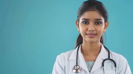Medical concept of indian beautiful female doctor in white coat with stethoscope, waist up. medical student. woman hospital worker looking at camera and smiling, studio, blue background
