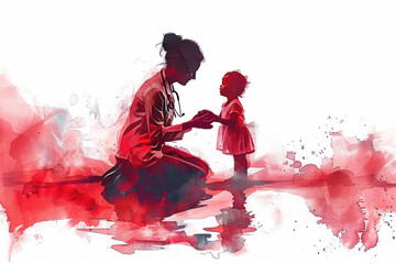 Red watercolor of female doctor giving attention and care to child