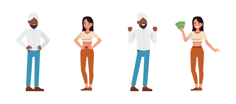Set of Businessman and businesswoman character vector design. Indian people working in office planning, thinking and economic analysis. Business people happy and holding money illustration.