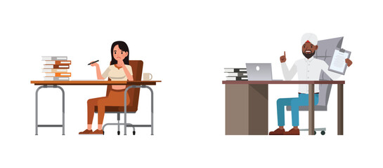 Set of Businessman and businesswoman character vector design. Indian people working in office planning, thinking and economic analysis. Business people working and thinking illustration.