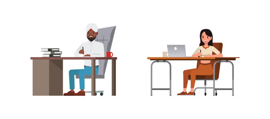 Set of Businessman and businesswoman character vector design. Indian people working in office planning, thinking and economic analysis. Business people working and writing illustration.