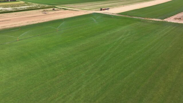 AERIAL: Drone view of grassfields growing alongside already harvested sod fields. Lush green turf grows in the perfect conditions of an industrial sod farm. Industrial turf grass farm on a sunny day.