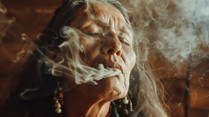 With their eyes closed in deep concentration a shaman blows smoke over a patients body focusing on areas of illness and imbalance in a traditional healing ritual.