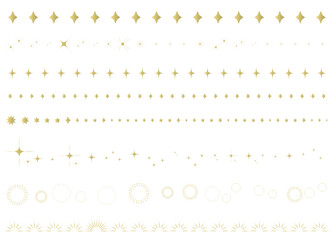 キラキラしたゴールドの飾り罫線・ラインのイラストセット（星、キラキラ、サンバースト）
