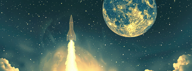 The majestic sight of a golden rocket soaring through the starry night sky towards the moon