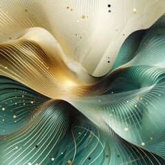 Modern geometric background with flowing lines and waves. Abstract green and golden shiny wavy lines background.