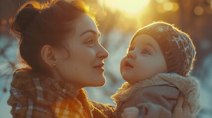 A joyful young mother can be seen in the shadows playing with her toddler and lifting him over her head as the sun sets, Generative AI. - obrazy, fototapety, plakaty