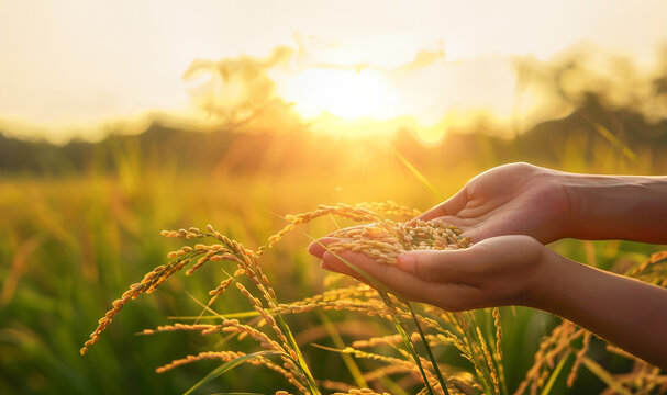 Hand holding rice with warm sunlight