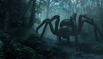 Giant spider in scary forest scene - obrazy, fototapety, plakaty