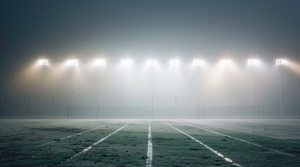 A futuristic arrangement of stadium lights in a perfectly symmetrical grid casting a soft glow on the empty field below - obrazy, fototapety, plakaty