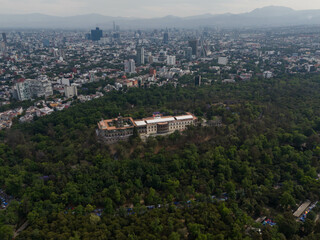 Aerial view of Chapultepec Castle on top of a hill with the surrounding forest, Mexico City