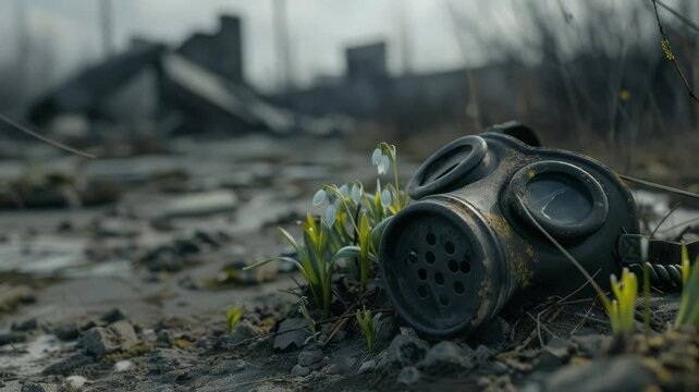 Old chemical protection mask overgrown with mold through which the first snowdrops break through Powerful background with atmospheric dust animation