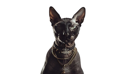 Hairless cat wearing jewelry on a white background