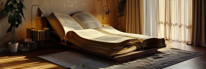 A bed with an electric massage cape, on the side of it is a large book that opens and covers part of its surface
