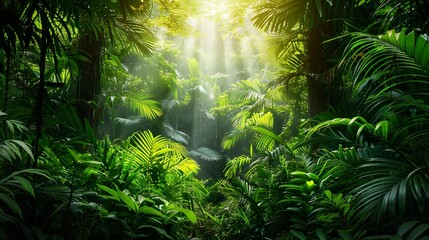 A lush forest with sunlight filtering through the dense foliage
