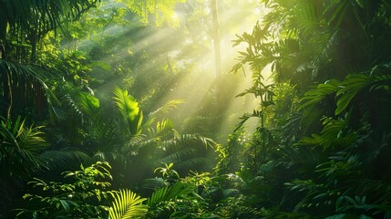 A lush forest with sunlight filtering through the dense foliage